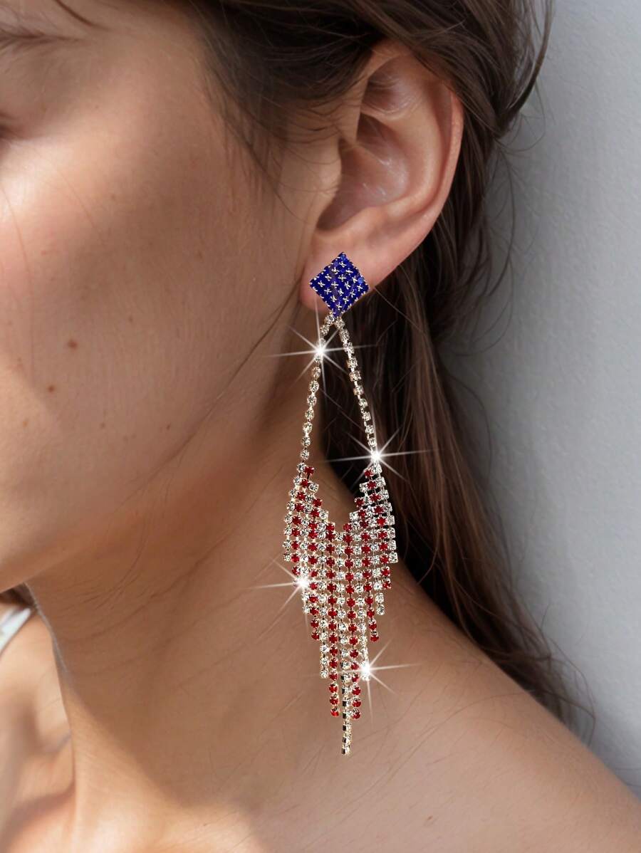1 Pair New Personalized US Independence Day Tassel Pendant Earrings Embedded With Rhinestones, Simple & Fashionable Women Daily Jewelry