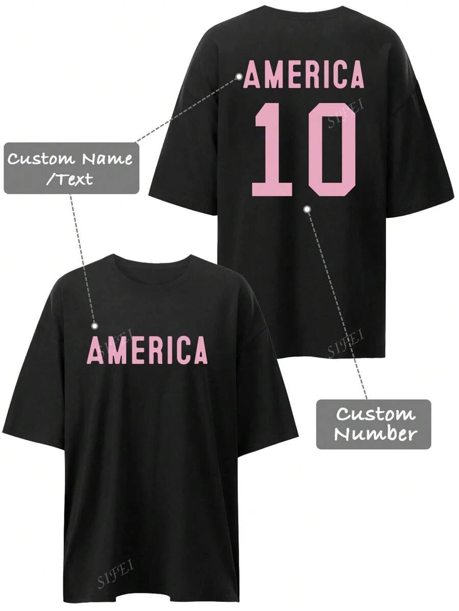 Customized Y2K Style Graphic Loose Fit Women Tee, Upload Your Personalized Lucky Number, Text/Name/Message/Birthday Wishes, Black Casual Loose Short Sleeve T-Shirt Tops, Holiday Gift, Spring Summer Clothes, Best Friend Gift, Summer Tops, Summer Women Apparel Customization, Jersey Style,Ornamental,Dawg,Unique,Custom,Ideal Gifts For Her,Family,Friends,Pink Girls,For Holiday,For Vacation,For Anniversaries