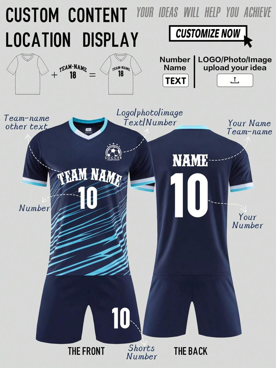2pcs Personalized Tween Boys Soccer Jersey- Customized Name,Number And Picture Print Short Sleeve T-Shirt+Shorts Quick-Drying Sweat-Absorbing Sports Set