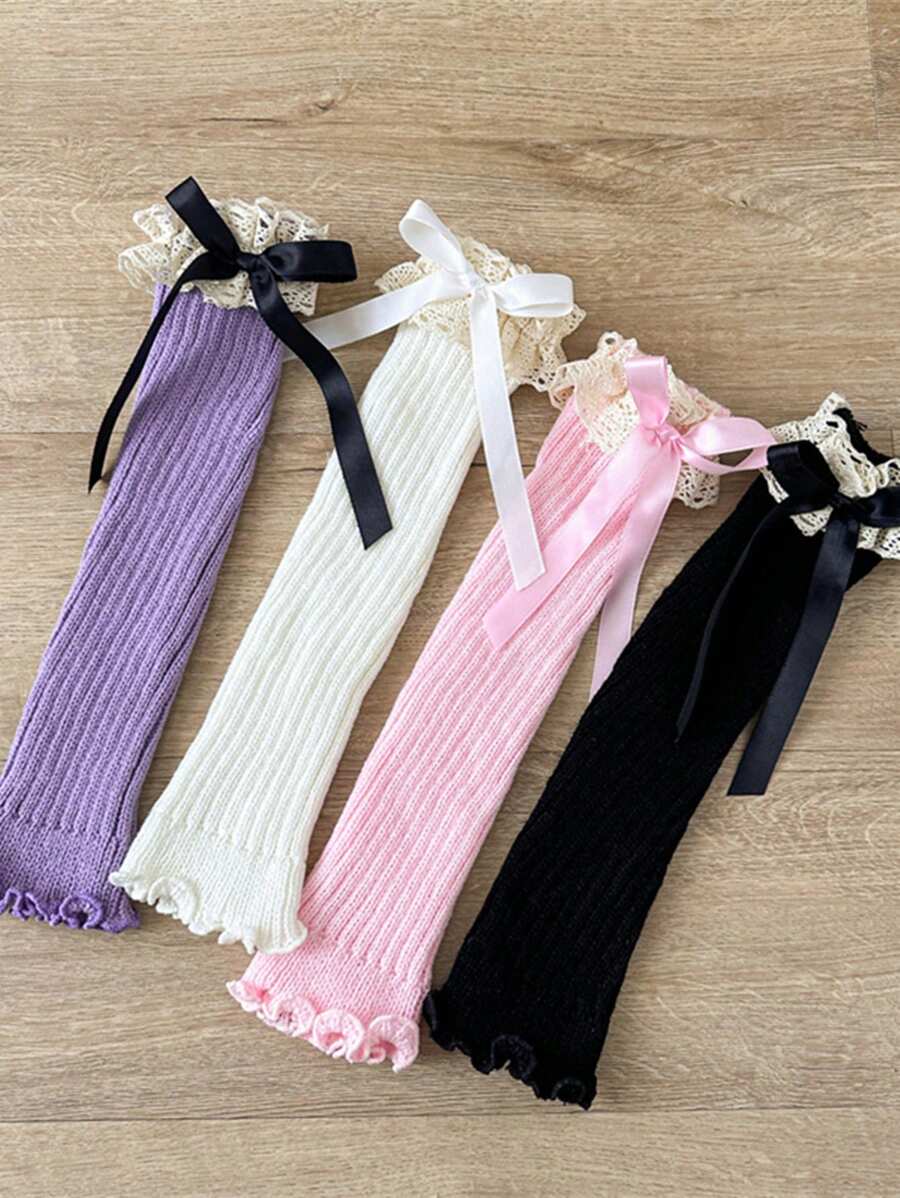 Fashion Retro Girls Ruffle Bow Knitted Long Sock, Warm Leg Warmers, Spring Autumn