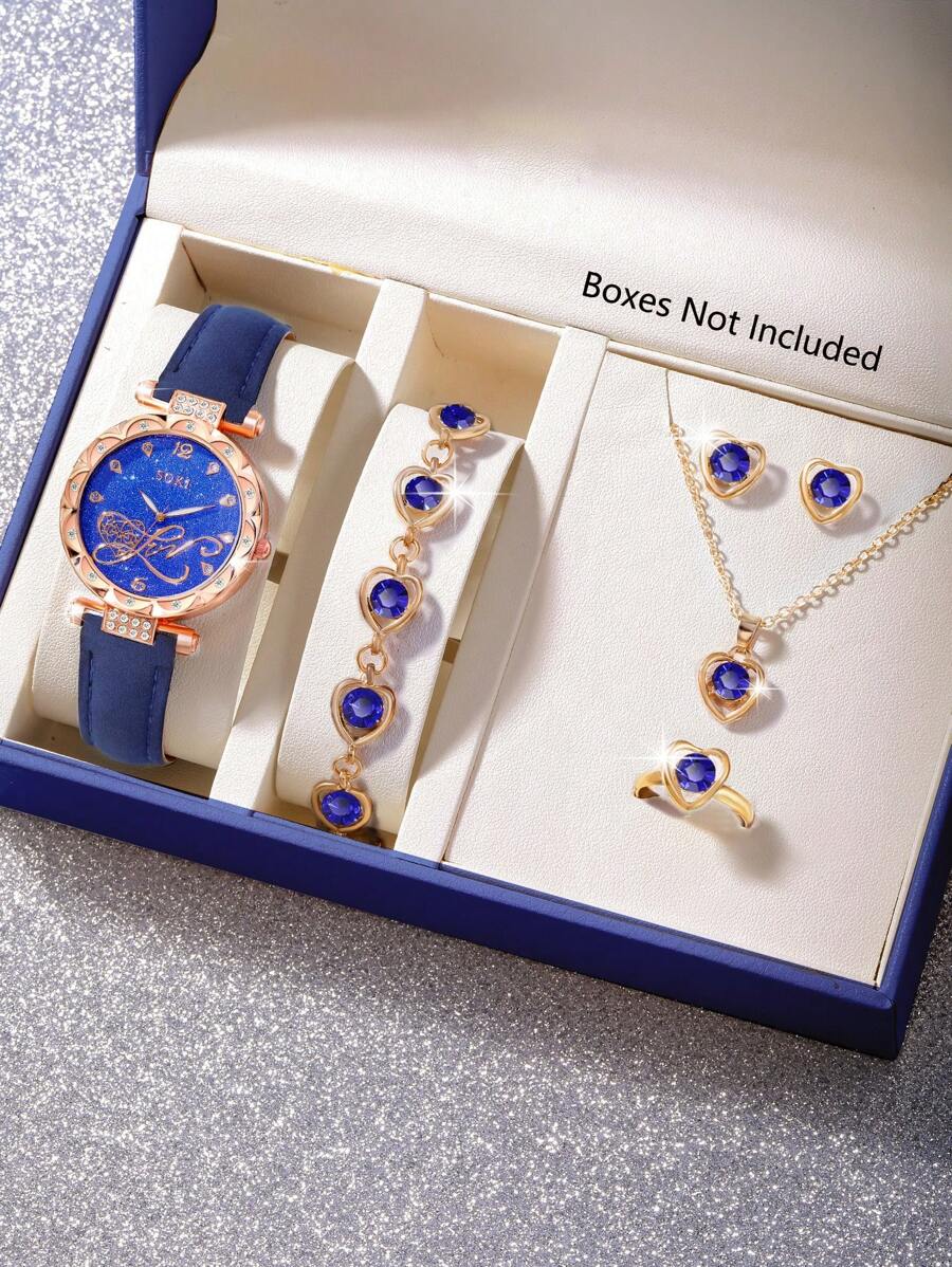 Conjunto de 6 piezas de reloj de mujer, reloj de cuarzo casual y de moda con esfera en forma de melocotón y collar con colgante de corazón, aretes, pulsera y anillos. Adecuado para uso diario, temporada de regreso a clases, temporada de graduación, Acción de Gracias, parejas. El mejor regalo, caja de reloj no incluida