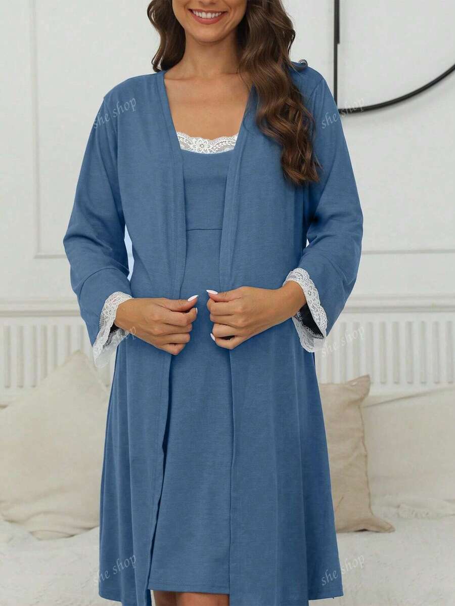 Robe d'été/automne décontractée pour femme en couleur unie sans manches avec insertion en dentelle, veste à manches longues assortie. Ensemble robe et robe de chambre confortable. Robe de maternité simple et sexy