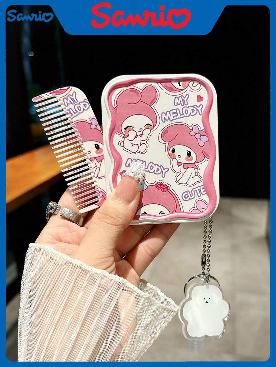 Sanrio Cute Student Small Mirror Portable Folding Makeup Mirror Dormitory Girl Dressing Mini Handheld Makeup Mirror Comb In One