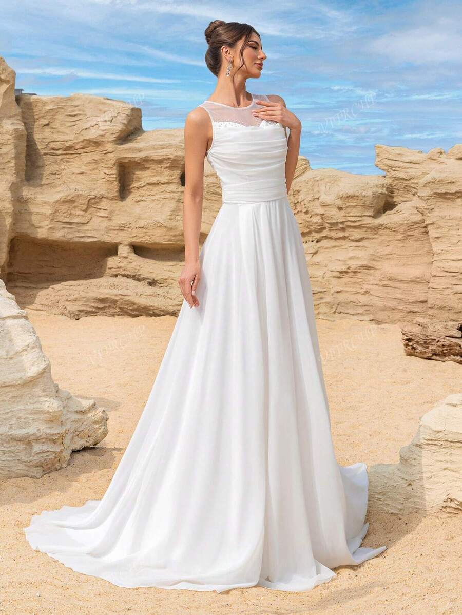Vestido de Noiva com Estampa de Tule Elegante e Simples, Com Recorte Frontal, Plissado e Zíper Nas Costas