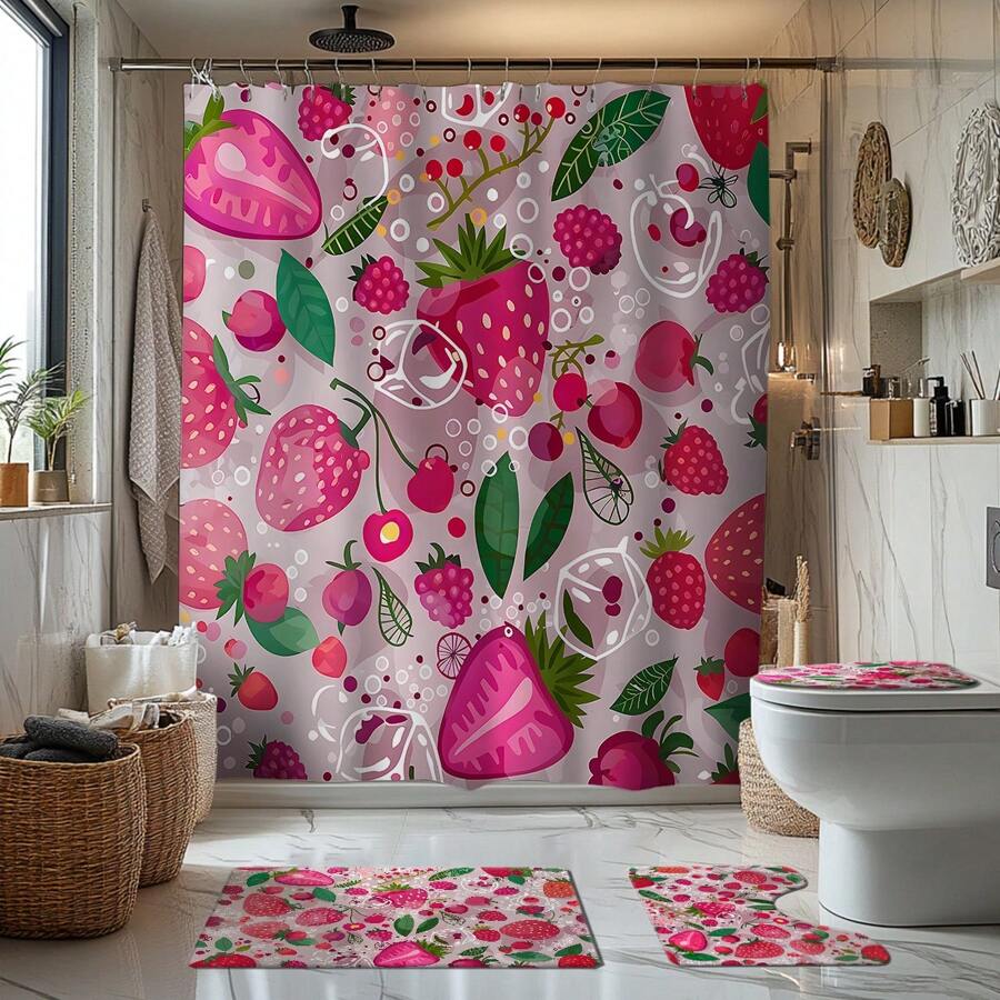 1/4 pièces Ensemble de rideaux de salle de bain à thème fraise et cerise, tapis de salle de bain, tapis de toilette en U, couvercle de siège de toilette, rideau de douche imperméable, rideau de porte/fenêtre de style mode, rideau de cloisonnement de salle de bain moderne, sans besoin de percer des trous, en tissu de polyester, lavable en machine, rentrée des classes
