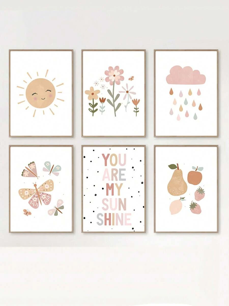 Blumen, Wetter, Sonne und Regenbogen Dekor Muster, Leinwandkunst für Baby-/Kinderzimmer, ohne Rahmen (Rahmen nicht enthalten)