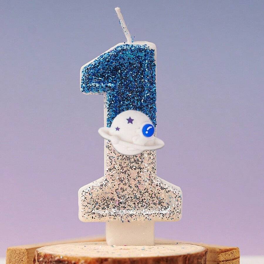 1 pieza Velas con diseño de planeta azul y plateado con números del 0 al 9 para decoración de pasteles de fiesta de cumpleaños, con efecto atmosférico, adecuadas para bodas, aniversarios y fiestas, para niños y adultos