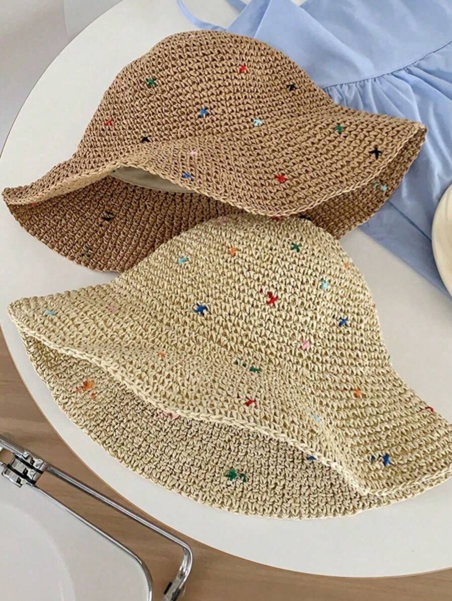 1pc Women's Handmade Straw Sun Hat, Foldable Wide Brim Bucket Hat For Outdoor, Beach, Vacation