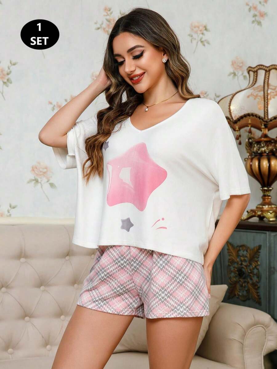 2pcs Women Star Pattern Pajama Set, Loose Fitting Top, Fashion Sleepwear Set, Spring/Summer