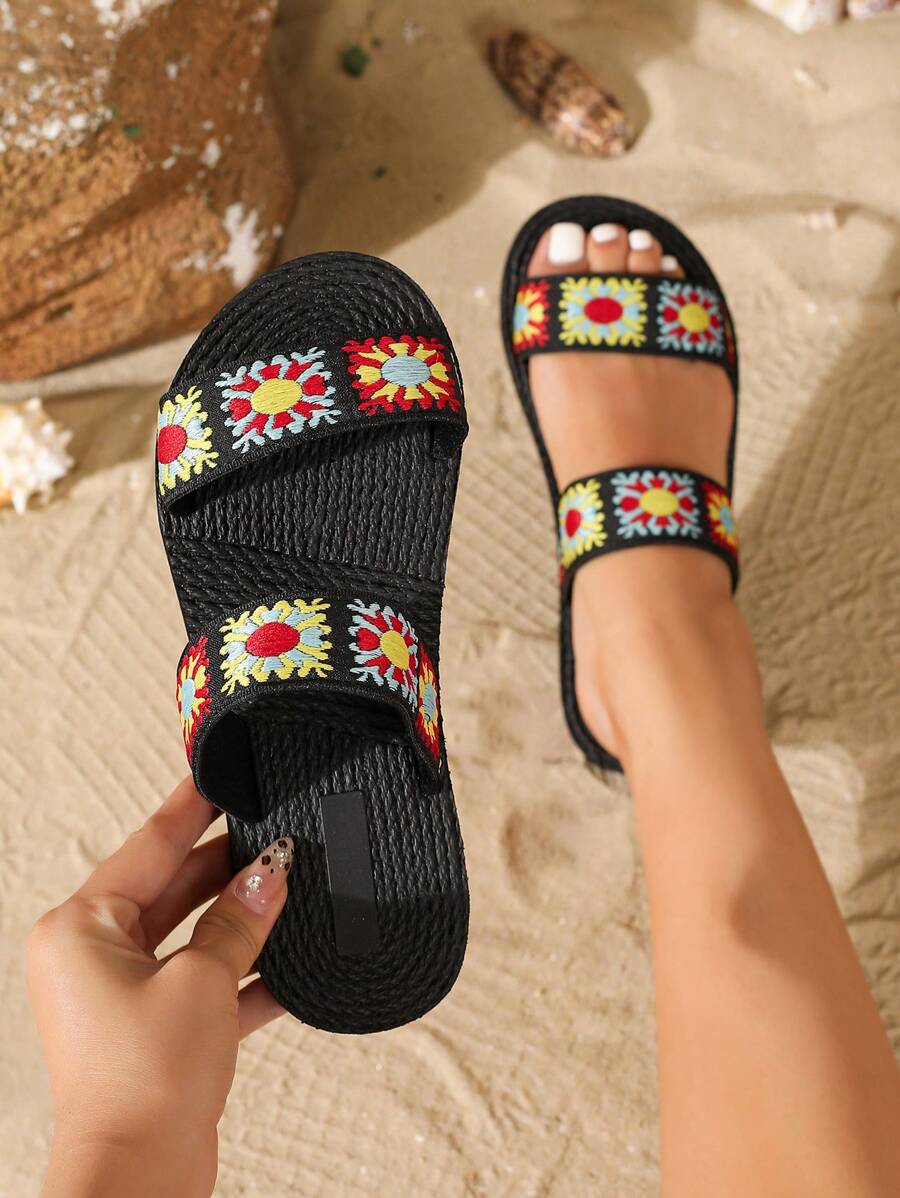 Sandales plates pour femmes, style national imitant le lin, corde de voyage, sandales à semelle de paille, mules florales à la mode coréenne, sandales plates de plage pour femmes