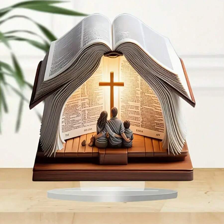 1 sztuka, 2D płaski, czeski akrylowy otwarty ornament dekoracyjny w formie książki, duchowy wzór krzyża, odpowiedni do domu i biura, wielofunkcyjny pulpit i dekoracja wejścia