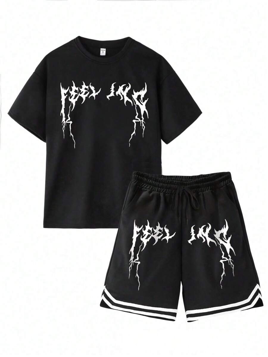 Conjunto informal de 2 piezas para adolescentes varones con camiseta de manga corta con estampado de rayos y pantalones cortos con cinturón tejido retazos