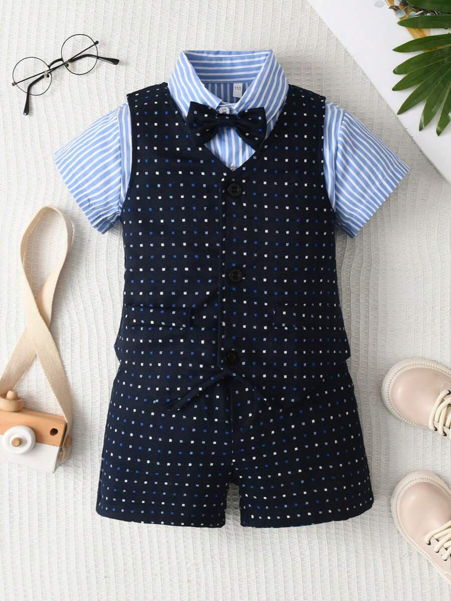 Ensemble de 3 pièces pour jeune garçon: chemise à manches courtes, shorts bleu marine imprimés de pois et gilet, tenue de gentleman pour les vacances, printemps/été