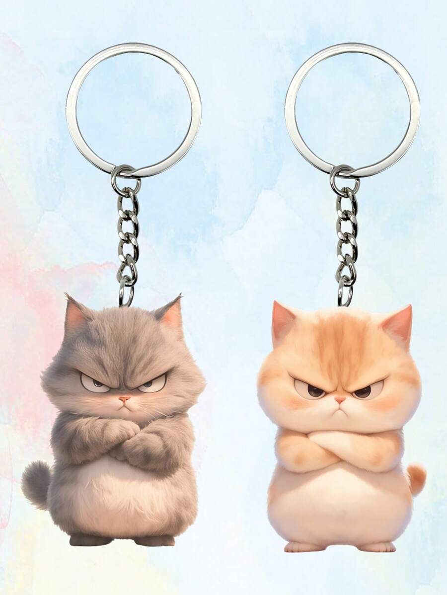 1pc 2D Acrylic Angry Cat Design Pendant/Keychain/Backpack Charm, Decorative Gift