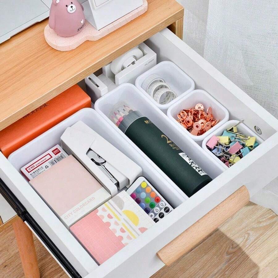 Juego de 8 cajas de almacenamiento para cajón (3 tamaños), material ligero, organizador de lapiceros de escritorio, organizador de maquillaje, cajas de almacenamiento misceláneas para cocina y baño, estuche para lápices, bolsa para lápices, mochila escolar