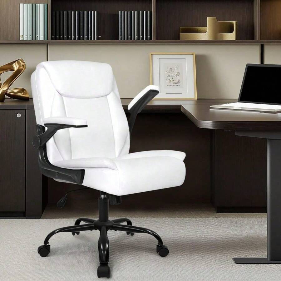 Office Chair Adjustable Desk Chair Mid Back Executive Comfortable PU Leather Ergonomic Gaming Back Support Home Computer With Flip-Up Armrest Swivel Wheels (White)