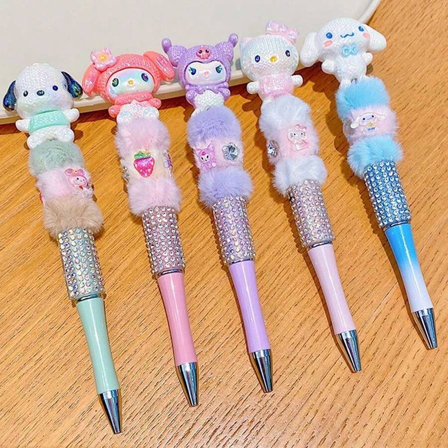 Sanrio Neutral Pen: Hello Kitty Cartoon Crystal Rhinestone Ball Pen, My Melody Cute Plush Sparkling Automatic Pencil, Kuromi Fantasy Anime Theme Rotary Pen, Pochacco 0.5mm Planner Pen, Cinnamoroll Kawaii Writing Pen, Rollerball Pens, School Stationery Essential