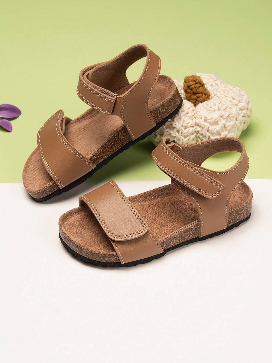 1 Pair Fashion Solid Color Cute Kids/Toddlers Soft Cork Bottom Comfortable Flat Sandals, Suitable For Boys/Girls, Summer Beach Shoes With Hook And Loop Opening, Open Toe Design For Easy Wear