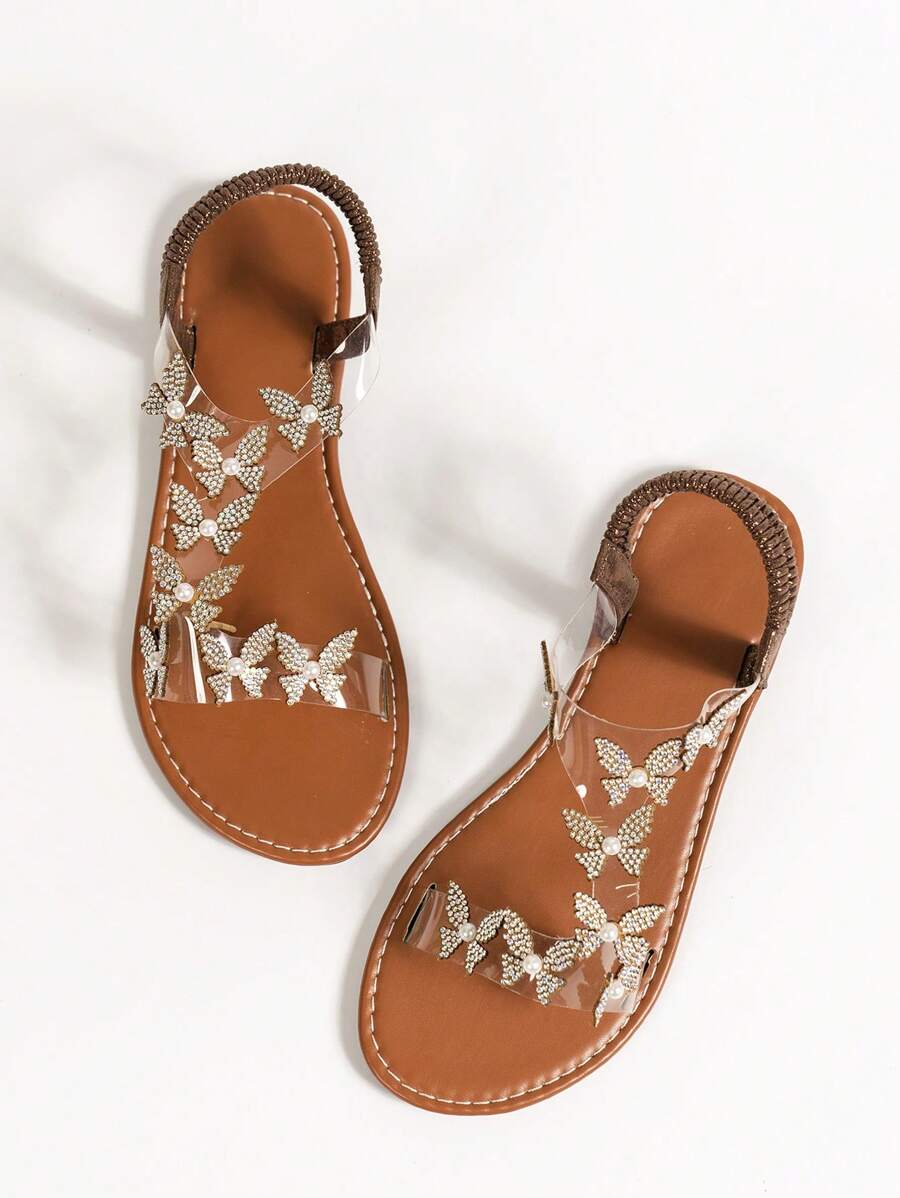 Women's 2025 Summer New Fashion Open Toe Crystal Butterfly Decor Classic Brown Sandals, Flat Comfortable Non-Slip, Outdoor Casual Beach Holiday Style