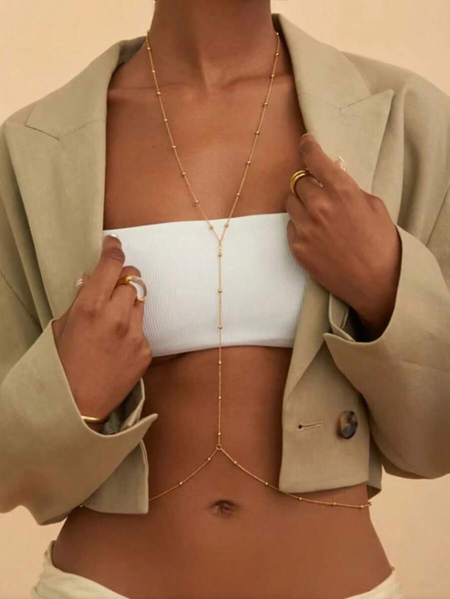 18K Gold Plated Stainless Steel Round Ball Design Body Chain Necklace For Women, Minimalist Style For Beach Wear'