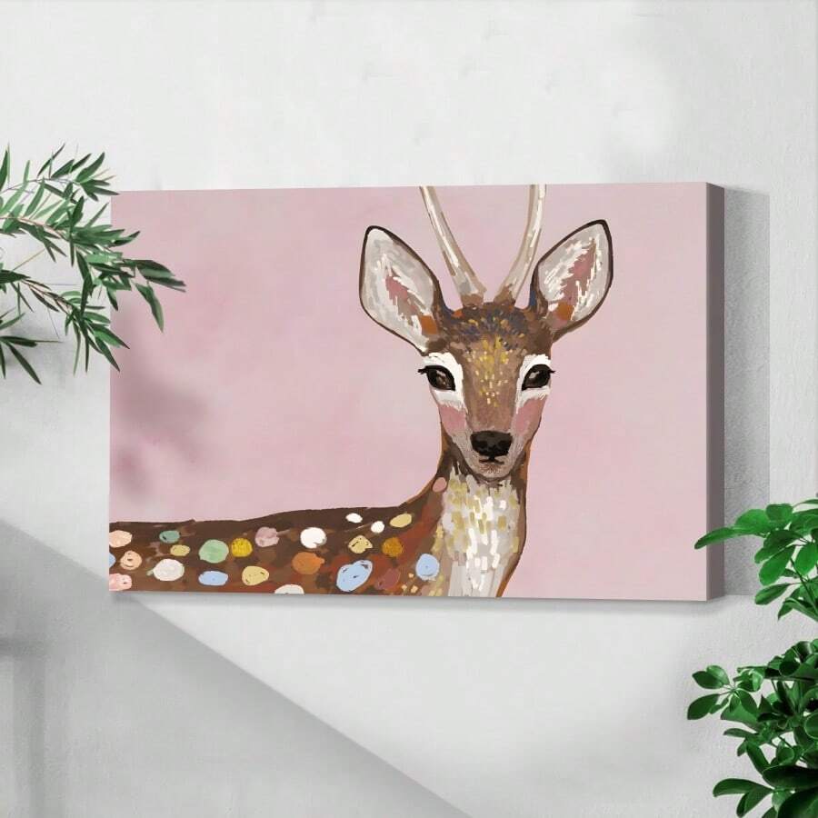 1 Pc Framed Pastel Watercolor Baby Forest Deer Fawn Nature Animals Illustrations Modern Wall Art Textured Canvas Poster Painting Wall Decor For Bedroom Living Room, Ready To Hang