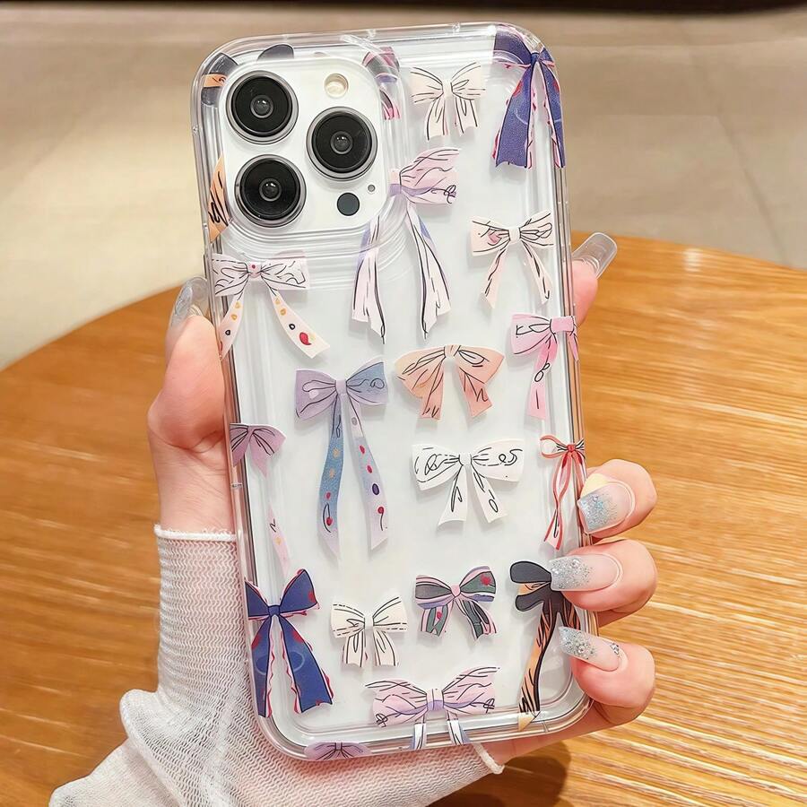 1 pieza Funda de teléfono con cojín de aire amortiguador con diseño de lazo transparente y minimalista, funda protectora anti-caídas compatible con iPhone 16 Pro Max/15/14 Plus/13/12/11, Series
