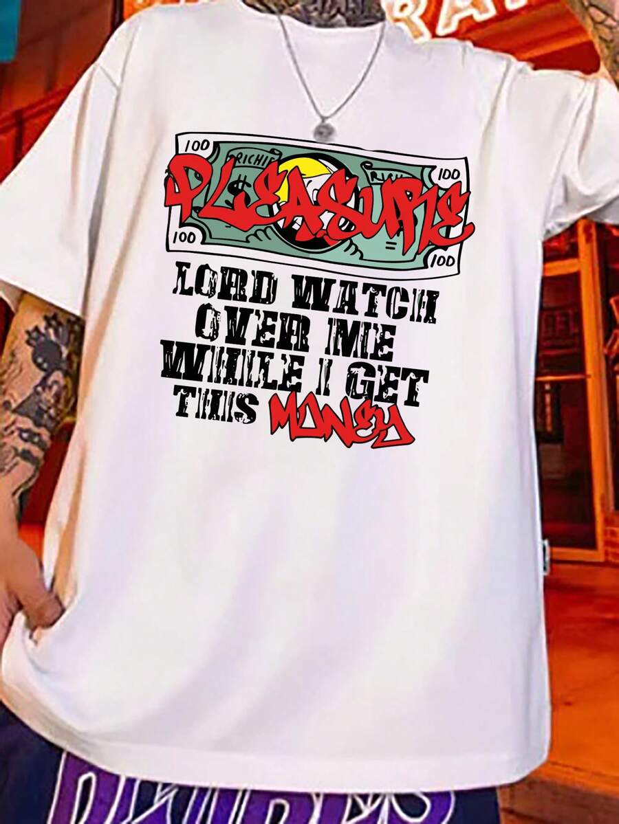 200g T Shirt / 1 Pcs T Shirt / 100% Polyester, Men's Round Neck Short Sleeve T Shirt,Letter Print, Suitable For Summer