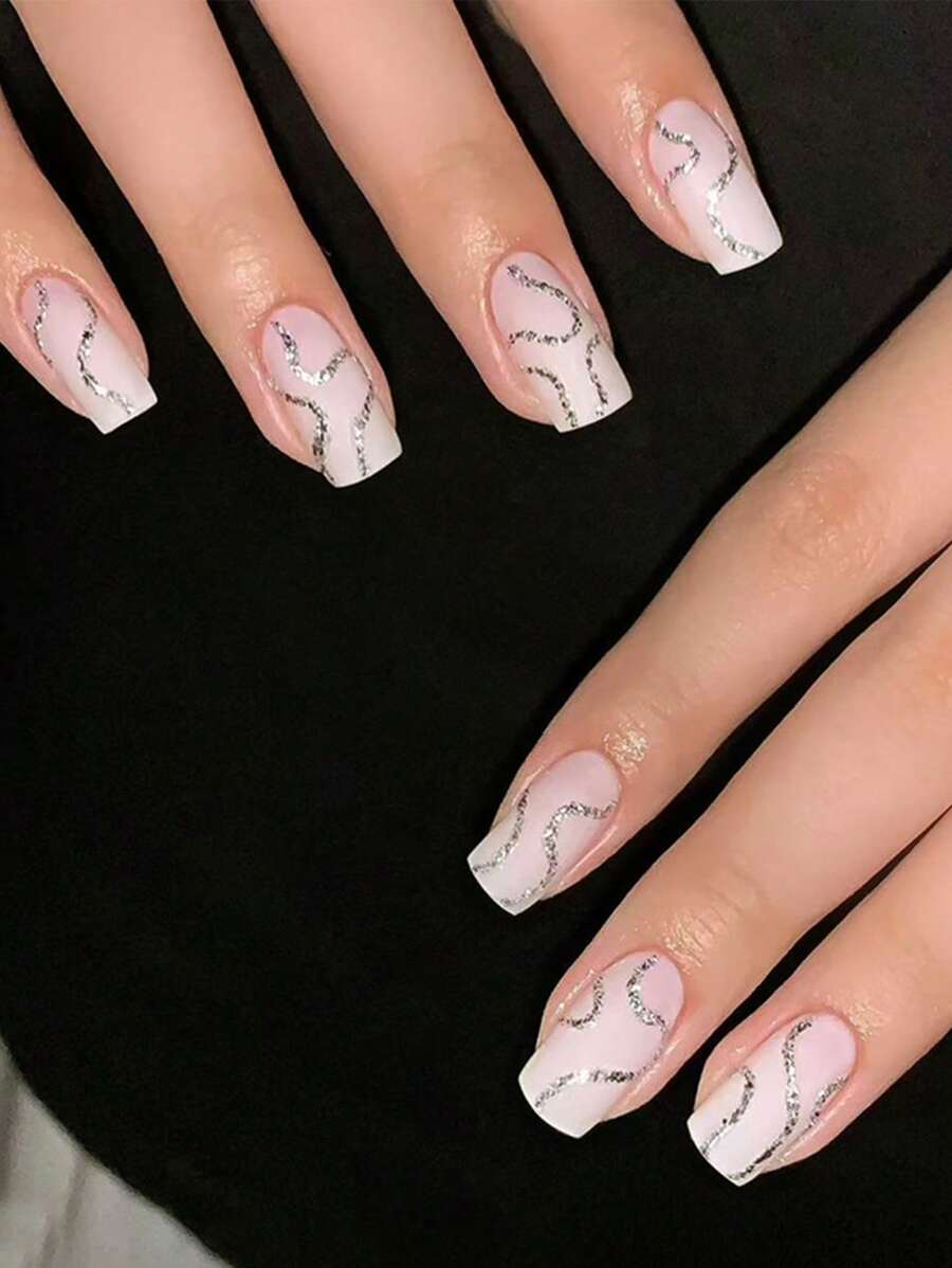 24 Pieces Short Square Press On Nails Set, French Asymmetric Flash Line Summer Fake Nails, Simple And Gentle Style Fake Nails, Suitable For Travel, Vacation, Daily