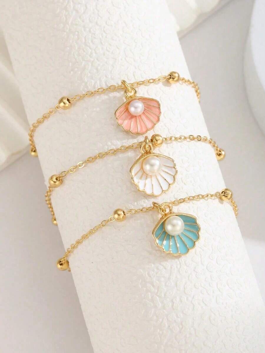 1pc Cute Fashion Faux Pearl Shell Charm Beaded Bracelet For Kids Girls Friends Summer Beach Vacation Party Accessory Gift For Daily Wear