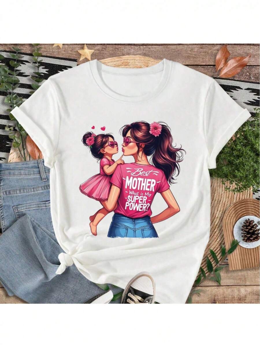 Women Fashion Casual Floral "Mom & Me" Slogan Print Round Neck Short Sleeve T-Shirt Round Neck Medium Stretch Tee Women'S T-Shirt Unisex Clothing Everyday Essentials Soft Fabric T-Shirt Gifts 100% Cotton