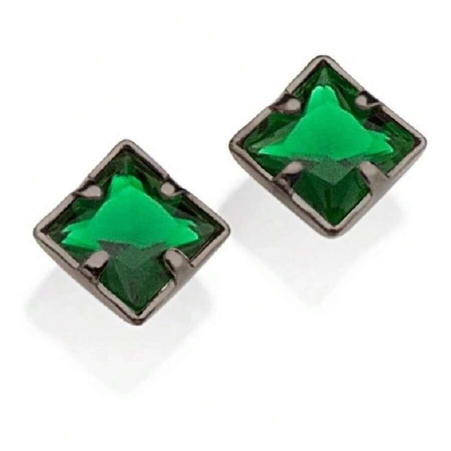 BRINCOS RHODIUM OURO NEGRO SOLITÁRIO PEQUENOS QUADRADO UNISSEX ZIRCÔNIA VERDE ROMMANEL 420017