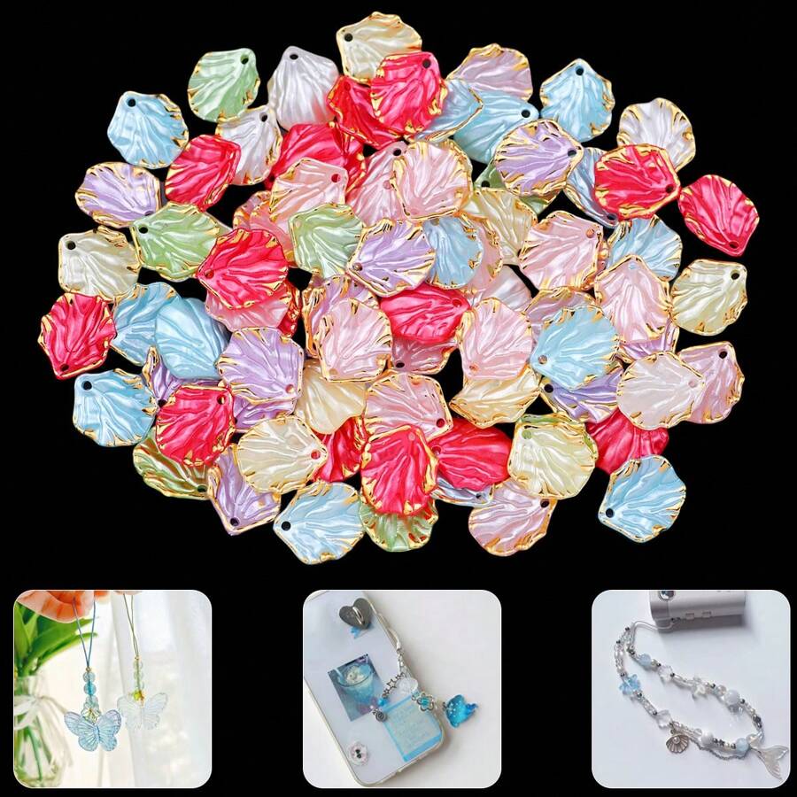 50pcs Colorful 15x17mm Acrylic Leaf Shape Beads With Golden Rim, DIY Jewelry Making - Earrings & Accessory Craft Supplies