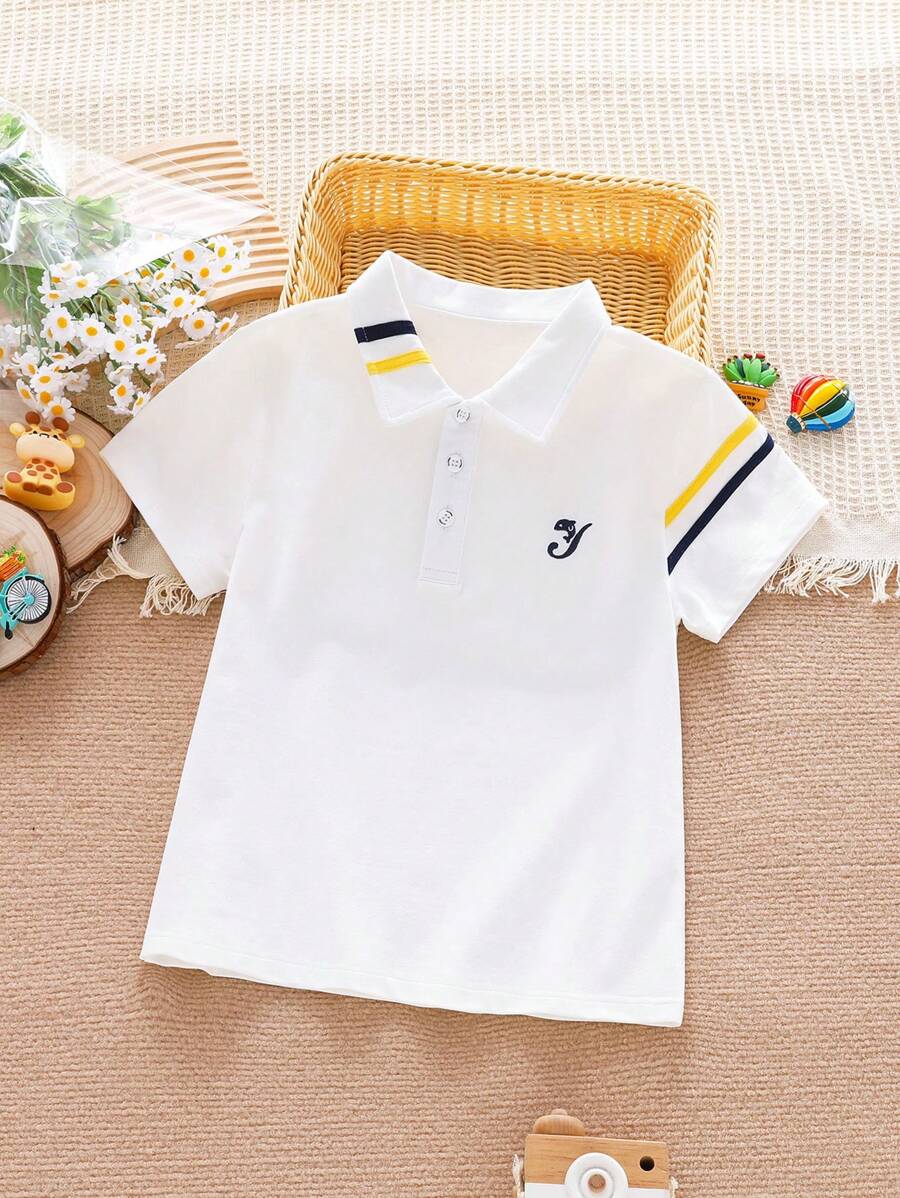 Top Polo Casual Estilo Preppy para Meninos, Gola Bordada com Contraste de Cor, Camiseta de Manga Curta para Uniformes Escolares de Verão para Crianças Pequenas e Grandes