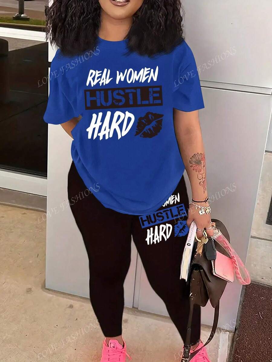 Plus Size Women's Fashion Peplum Set Alphabet Lips Printed Short Sleeve Pants Bottoms Set