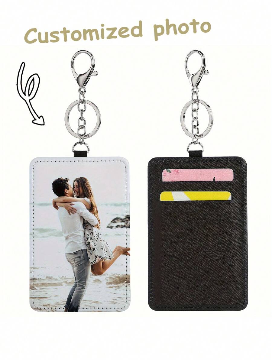 1PC Leather Card Holder Keychain With Customized Photo Sublimation - Personalized PU Leather Luggage Tag Keychain, Hot Pressed Blank Card Holder, Customized Couple, Family Photo, Special Surprise Gift For Girlfriend, Boyfriend, Father, Mother, Husband, Wife