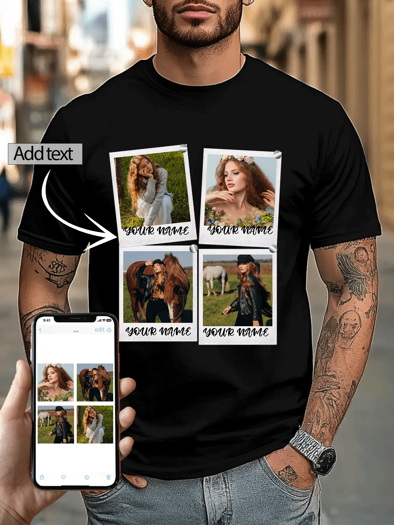 Customized Photo Printed Loose Men's T-Shirt, - Add Your Own Text And 4 Photos (Family Photo/Selfie/Couple Photo) To Style.Personalized Family Reunion Group Clothing, Custom Photo/Dad/Mam/Couple/Gifts For Him Boyfriend/Girlfriend,Family,Friends,For Vacation/Holiday/Friends Festival Outfit, Holiday/Anniversary/Wedding