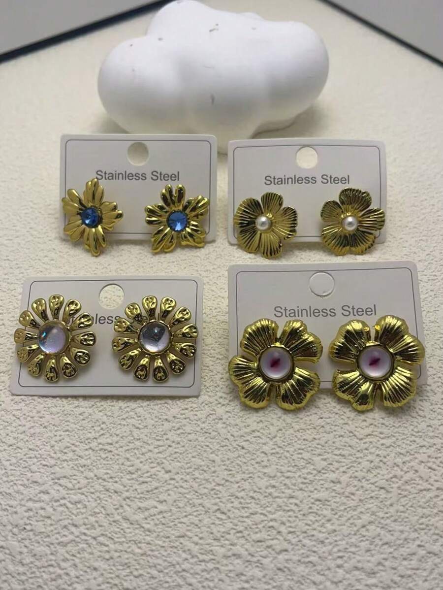 1 Pair/4 Pairs Retro Exaggerated Geometric Metallic Flower Earrings, Unique Minimalist Style Elegant Ear Studs