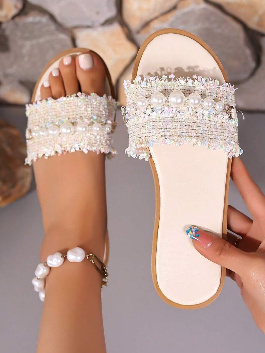 Damen Zehentrenner Sandalen, vintage perlenbestickte leichte Slip-On Sandalen