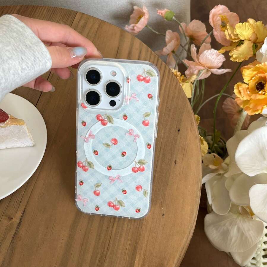 Blue Plaid Red Cherry Double Layer Magnetic Print Phone Case Compatible With IPhone 16 Pro Max/15 Pro Max/14 Pro/13 Pro/13