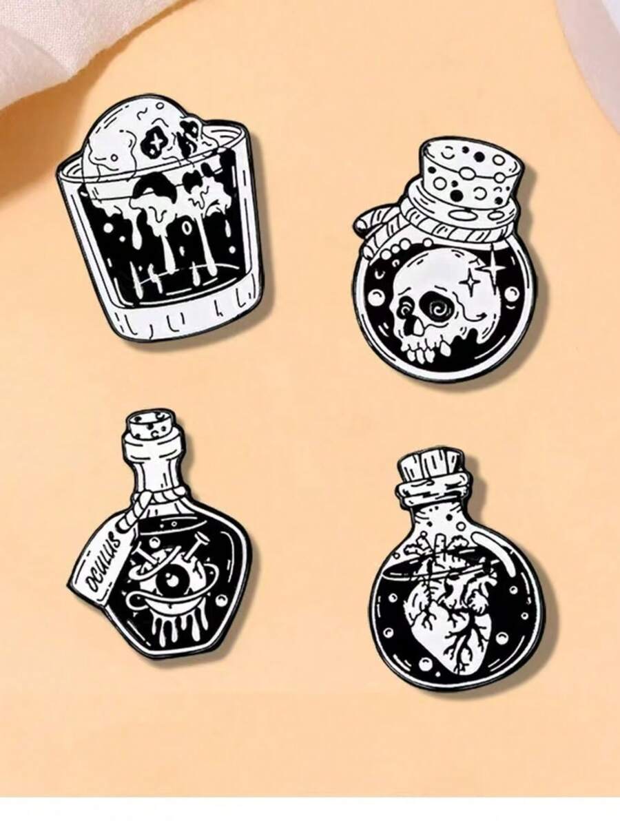 4 szt./8 szt. Punk Style Czaszka, Serce I Butelka Wina Kształt Metalowej Broszki, Ozdoby Koszuli Pin Do Ubrań Torby Urok