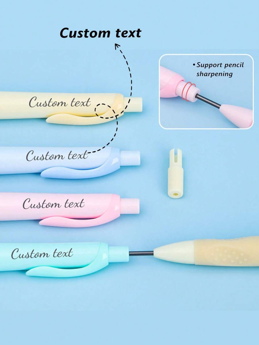 1 pièce/4 pièces Crayons à papier personnalisés avec support, crayons automatiques avec mine continue et assortiment de couleurs . Permet de tenir correctement le crayon, convient pour l'écriture d'entraînement. Supporte le texte personnalisé, personnalisation de l'arrière du crayon. Retour à l'école