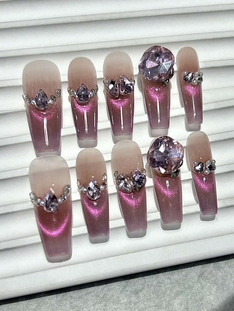 10PCS Gradient Pink Press On Nails Handmade Aurora Smile Cat Eye Diamond Fake Nail Patch Removable And Reusable Coffin Nails Press On Nails Long Nail Supplies (1 Sheets Jelly Stickers+1PC Nail File)