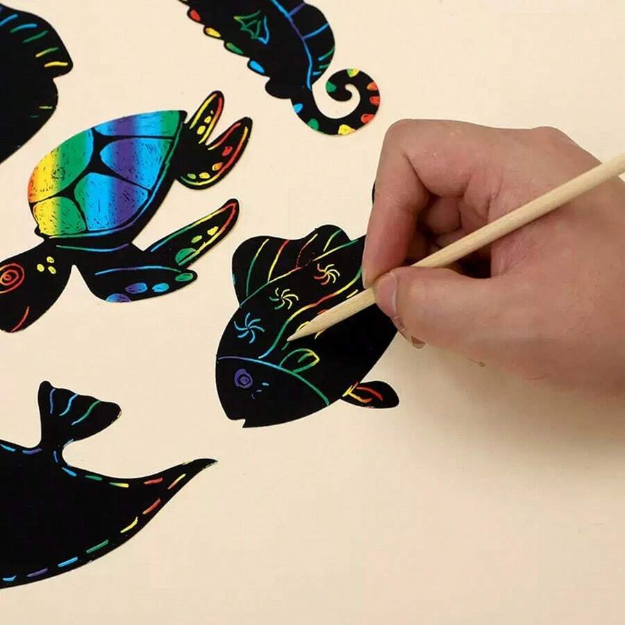 18 peças de blocos de desenho animado de criaturas do oceano com elásticos e cabides de madeira, pintura colorida de arranhões faça você mesmo, novo artesanato para crianças e pais