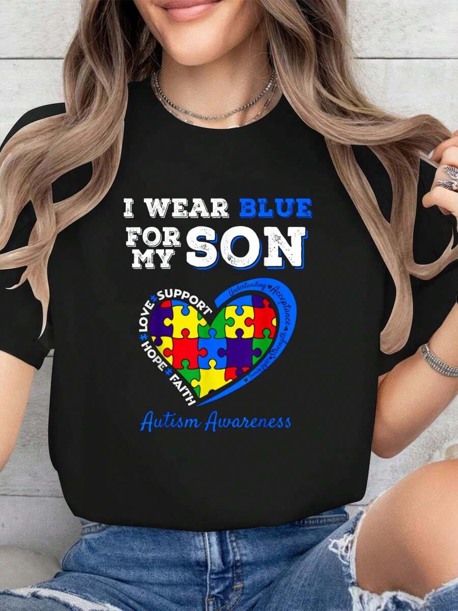 I Wear Blue For My Son Awareness Mom Dad Parents Cotton Printed T-Shirt For Summer, Soft Women's Short Sleeve Top, Fashionable And Comfortable Graphic Tee