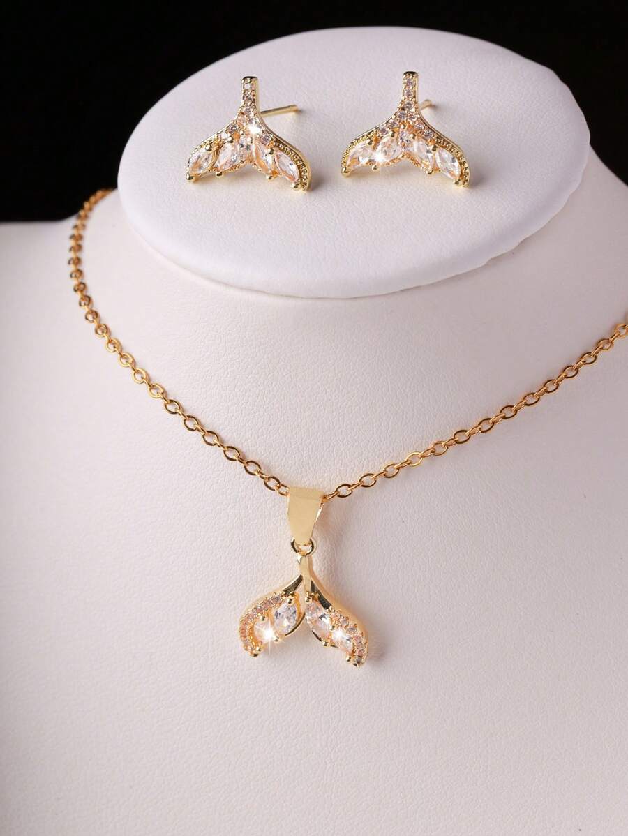 Zestaw 3 sztuk Vintage Miedziany Cyrkonia Rybi Ogon Wisiorek Naszyjnik i Kolczyki Zestaw Biżuterii Dla Kobiet, Luksusowy Elegancki Choker