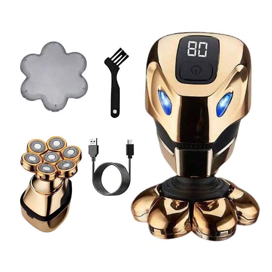1pc Gold 7D Bald Head Electric Shaver For Men, Quick Shaving For Commuting & Dating, Quickly Shaves And Trims Bald Head, Smart Battery Display, Comes With USB Charging Cable And Cleaning Brush, Upgraded Motor For Efficient Use, Suitable For Men's Haircut And Daily Cleaning, Great Gift For Husband