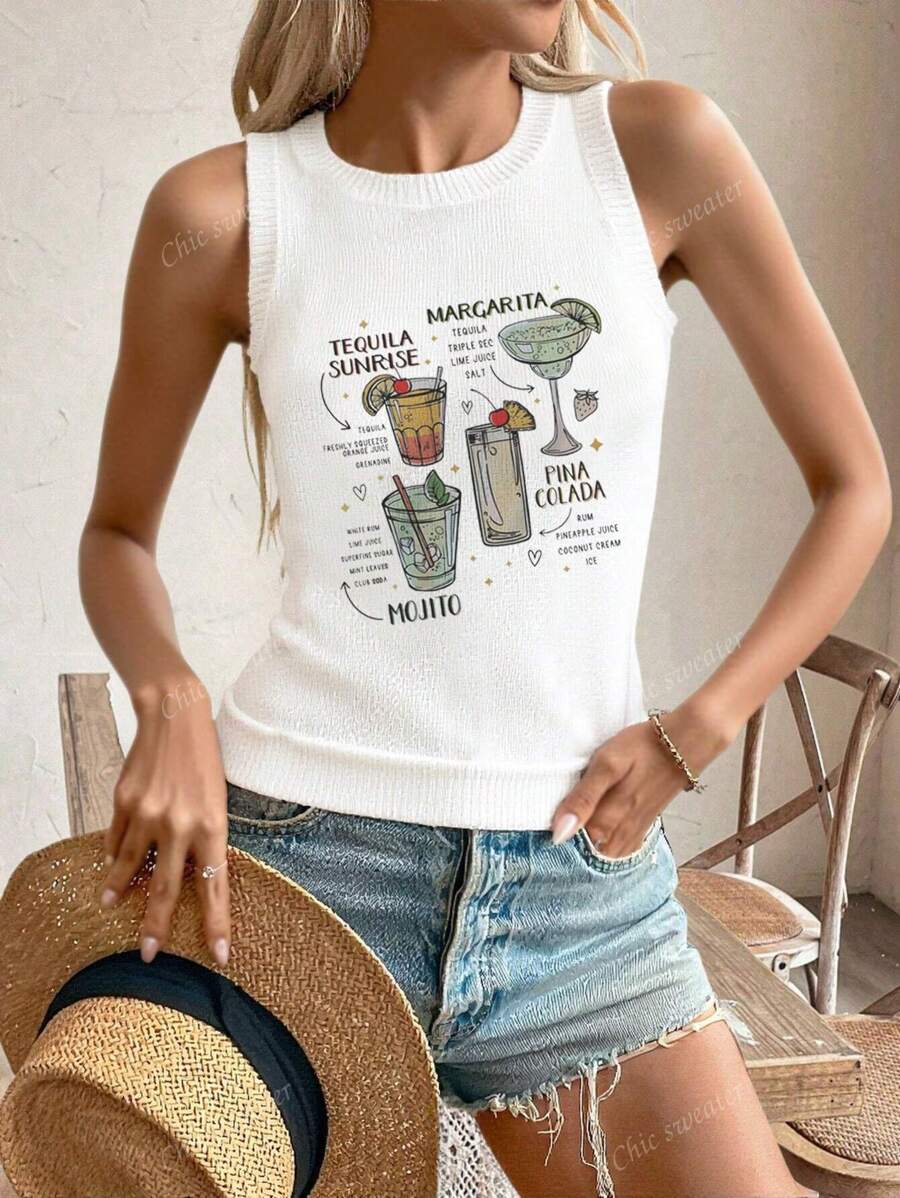 Nouveau débardeur pour femmes à col rond, motif imprimé de champagne, pour le printemps et l'été. T-shirts d'été blancs, simples et élégants, convenant pour la navette, hauts d'été pour femmes