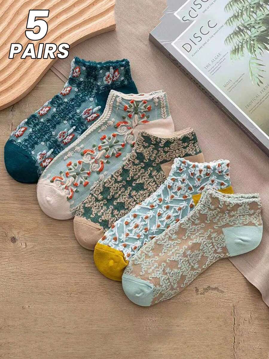 5 pares/paquete de calcetines finos, transpirables y con diseño retro de malla hueca, apropiados para uso casual, sencillo y versátil para estudiantes, para primavera y verano