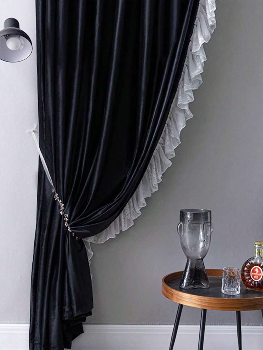 1 pieza Cortina premium de terciopelo negro con borde de encaje, elegante para villa, casa, sala de estar, decoración de dormitorio