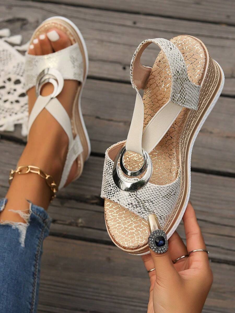 2025 Summer New Casual Wedge Sandals, Platform Thick Bottom Fashion Sandals With Metal Buckle Decor, Imitated Jute Rope, Elastic Strap Open Toe Sandals